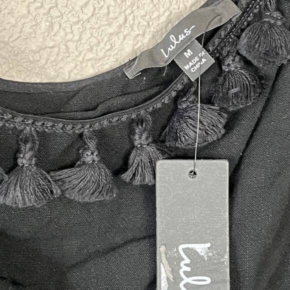 Lulus Line In The Sand Black One-Shoulder Tassel Crop Top Linen Blend Womens Med - Picture 6 of 7